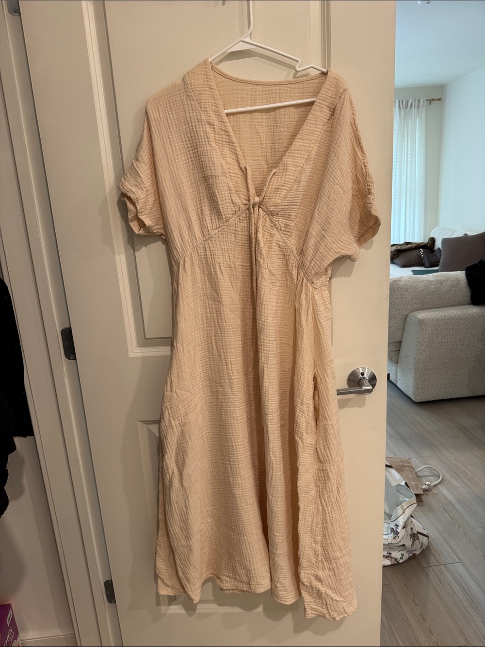 SHEIN Cream Knot-Front V-Neck Swim Coverup Dress